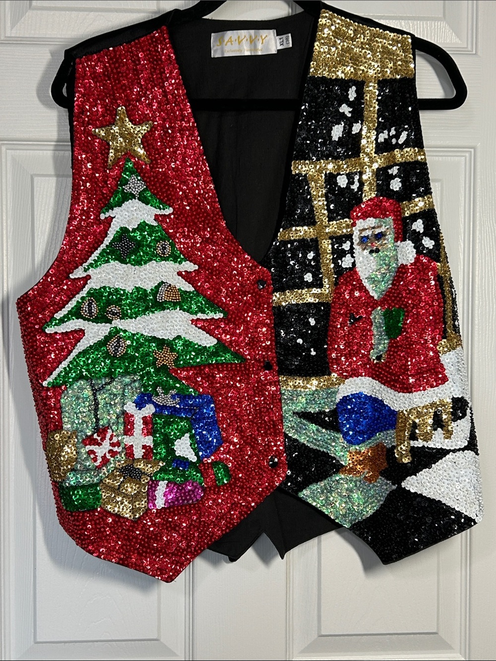 Savvy Sequin Holiday Vest in Red, Black & Gold with Multicolor Motifs